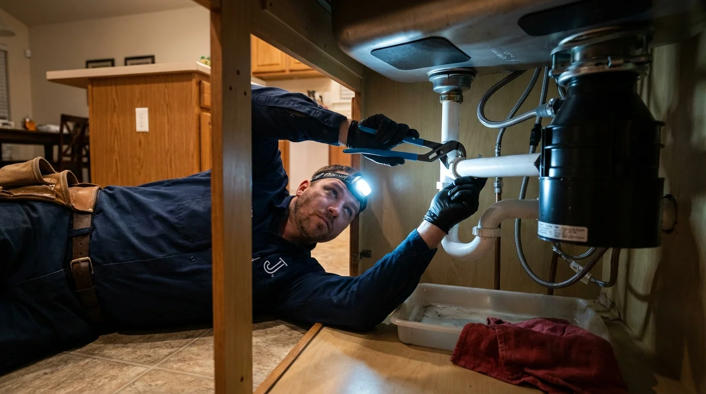 P-trap and supply line connections under a kitchen sink showing a common leak point in Schuyler, NE
